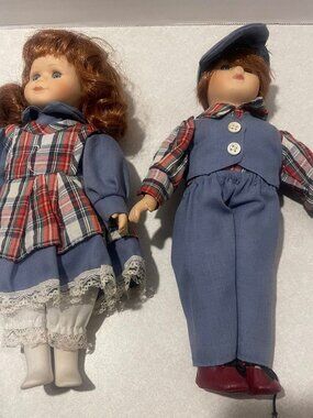 Jack And Jill Dolls Girl Boy Denim Dress 10" good condition set of 2 -VINTAGE